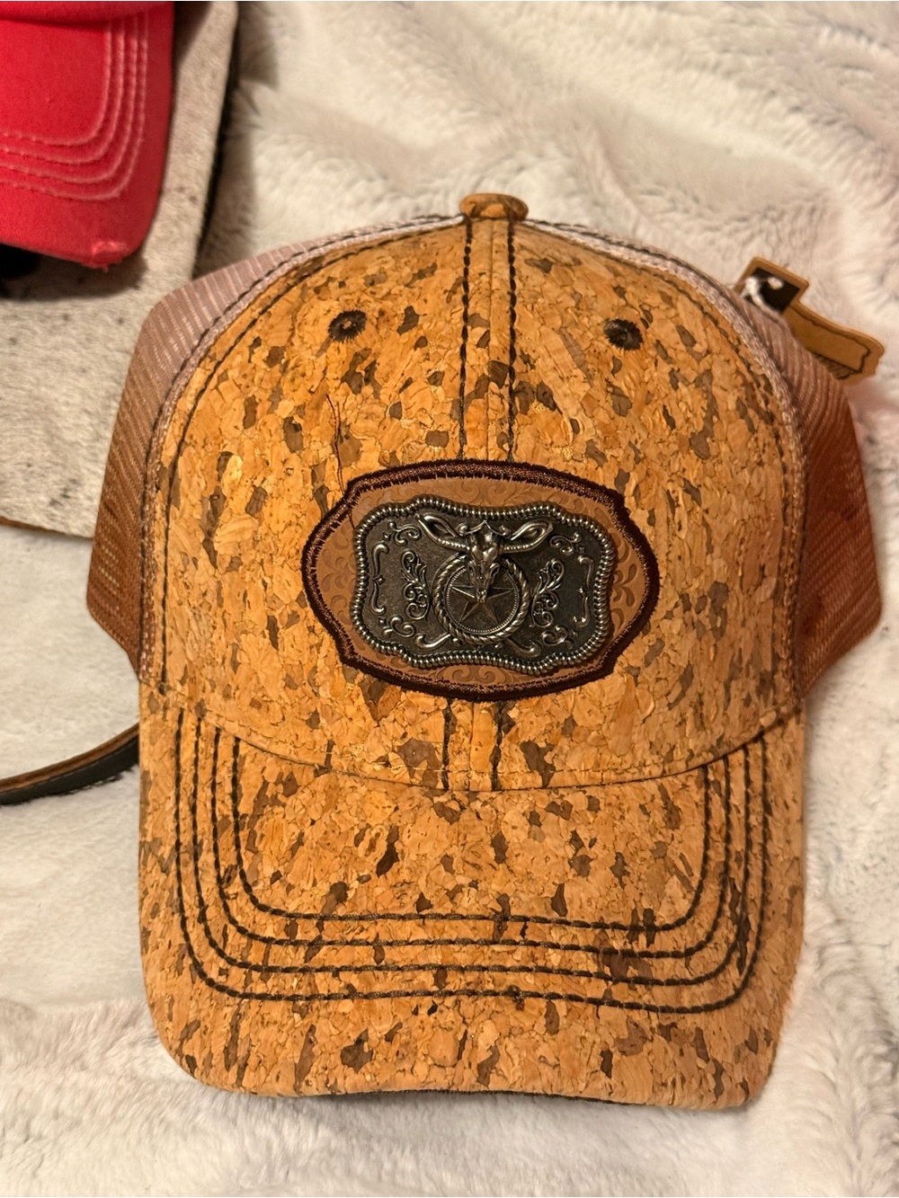 Cork-Texture Brown Trucker Cap with Metal Western Emblem